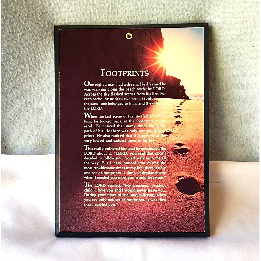 Vintage Footprints in the Sand Plaque Margaret Fishback Powers Wood Poem Sign